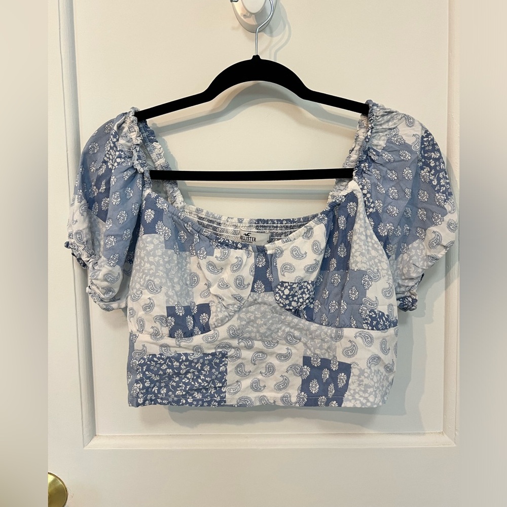 Hollister Co. Blue Paisley patchwork puff sleeve corset crop top Size Large - Picture 2 of 4